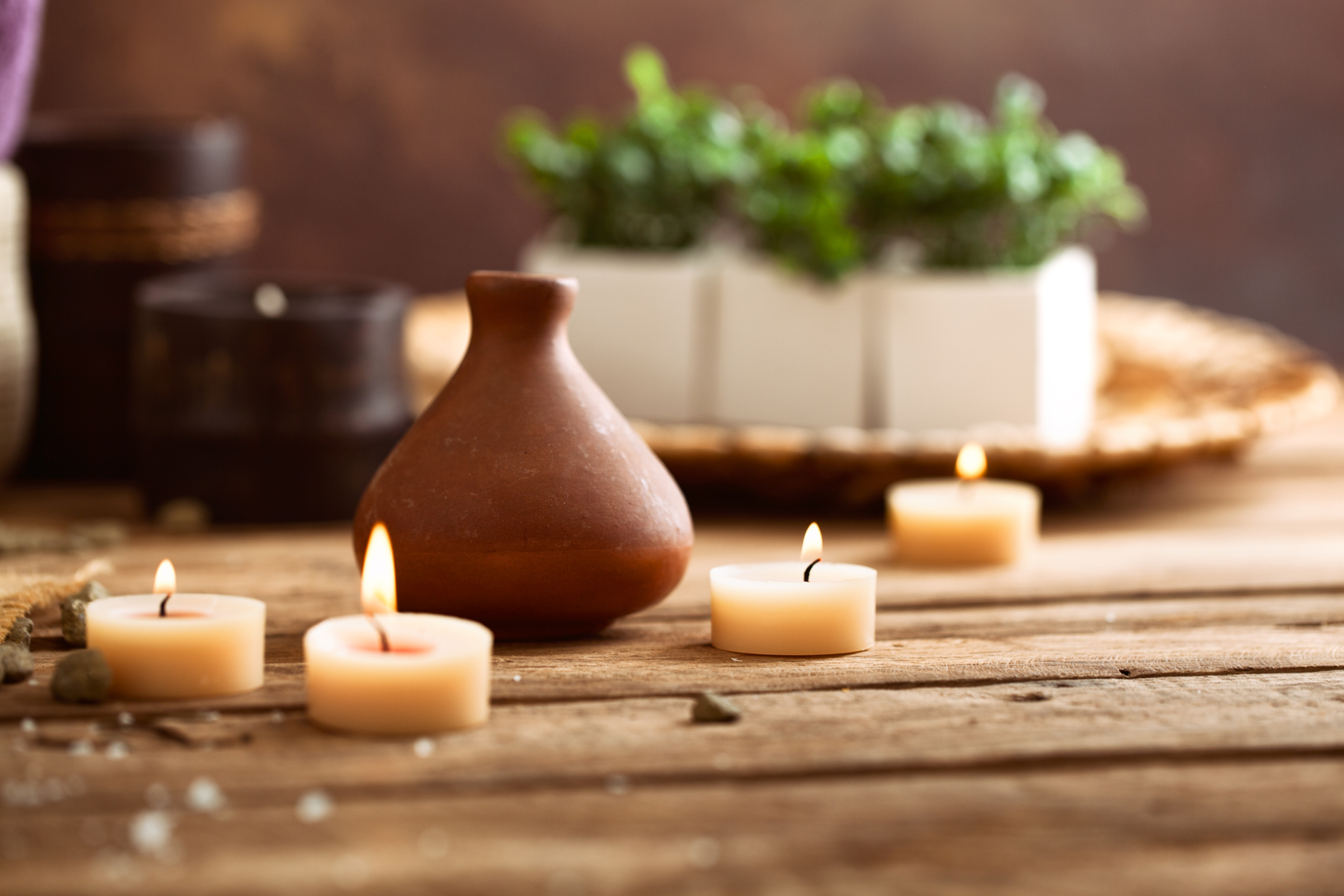 Spa and wellness setting with flowers and towels. Dayspa nature products